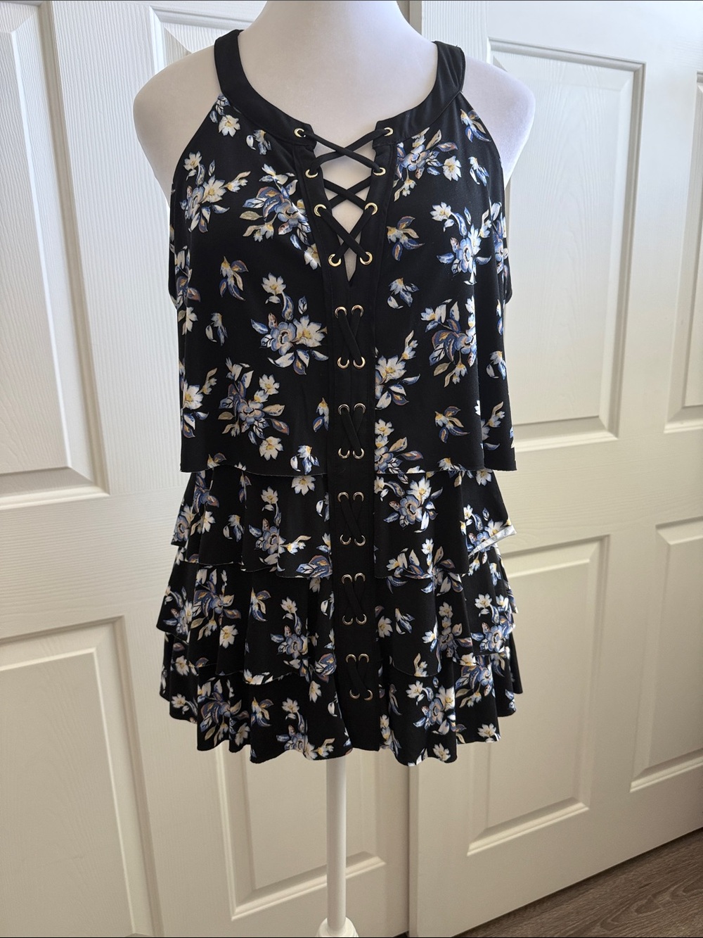 White House Black Market Black Dress with Cream and Blue Floral Detail